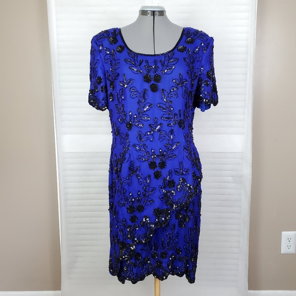 LAST CHANCE Vintage beaded sequin silk evening sheath dress M - Picture 2 of 11